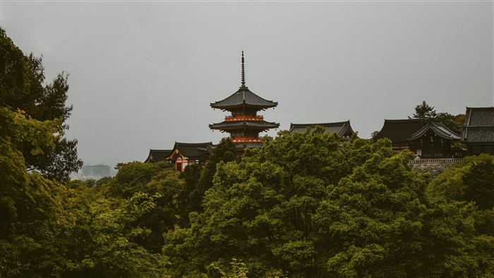 Pagoda and traditional Japanese architecture amidst trees in Kyoto Prefecture, Japan 4K