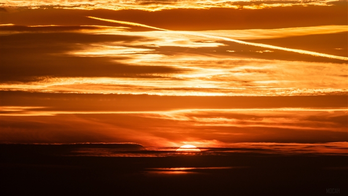 Sunset with orange clouds and contrails