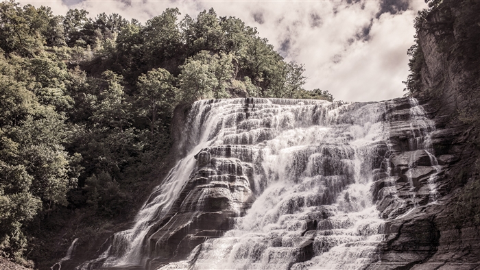 Waterfall cascading down a rocky cliff with trees