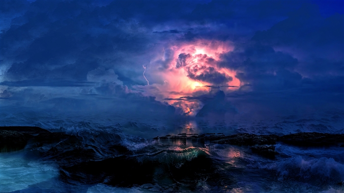 Stormy sea with lightning and waves 4K