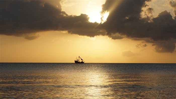 Ship on the sea at sunset 4K