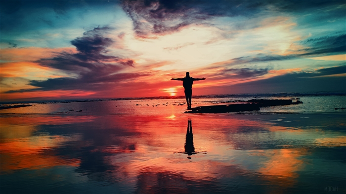 Silhouette of a person at sunset on the shore