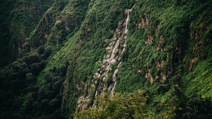 Green mountain slope with waterfall and trees 4K