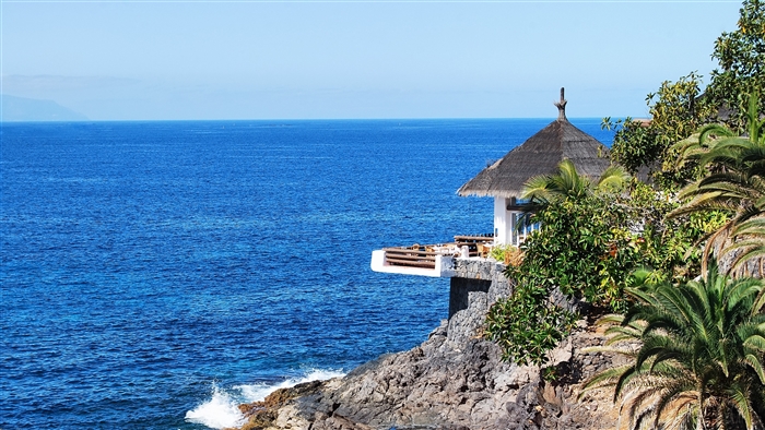 Restaurant on a cliff overlooking the sea with palm trees