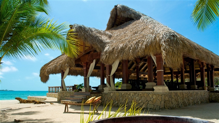 Tropical beach resort with thatched roof huts and palm trees