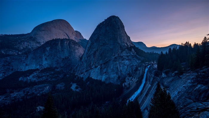 Waterfall and mountains at dusk 4K
