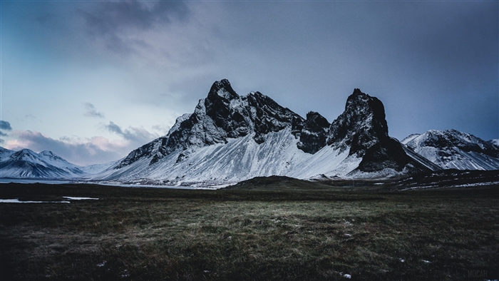 Snow-covered mountains and grassy field at dusk