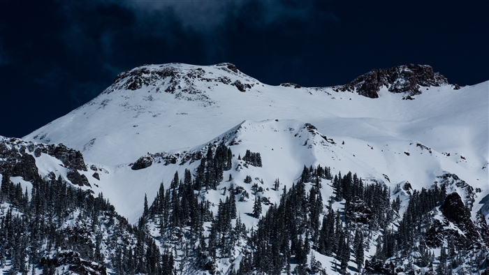 Snowy mountains with pine trees and dark sky 4K