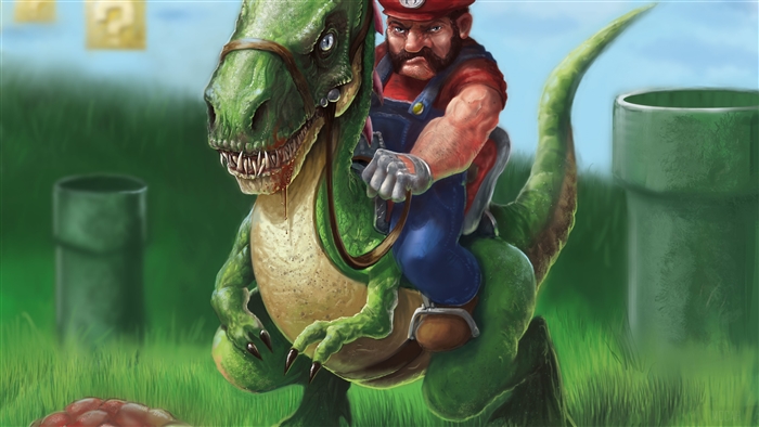 Mario riding a dinosaur in a grassy field with pipes