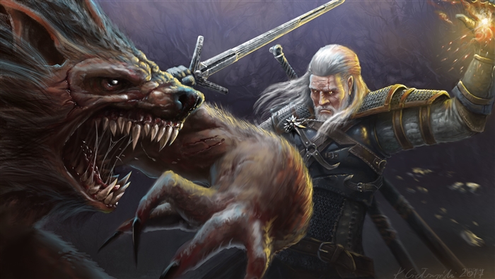 Geralt of Rivia from The Witcher fighting a monster 4K