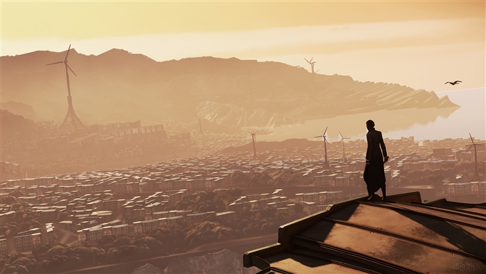 Character overlooking a city in Dishonored 2 4K