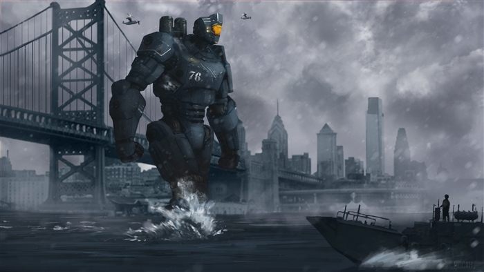 Futuristic robot in a city with a bridge and boat
