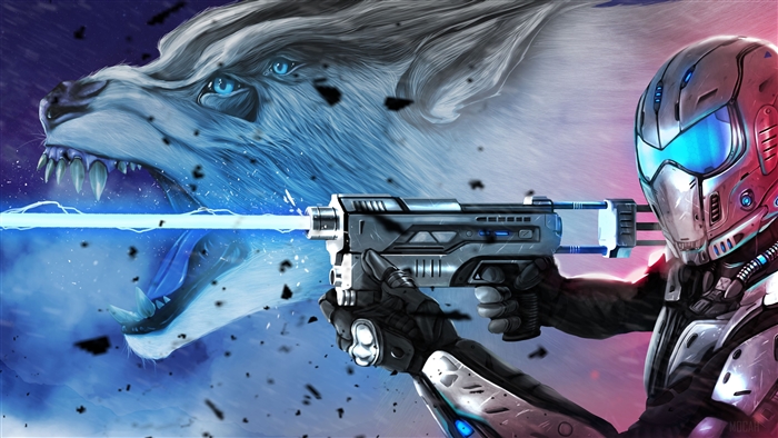 Bounty Hunter Shoots Laser at Wolf