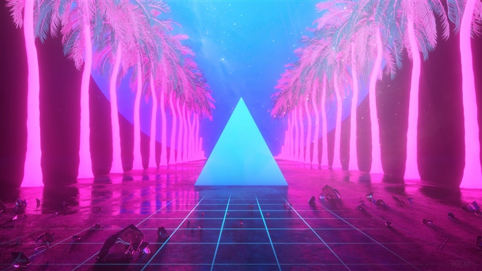 Neon Miami Trees Triangle Artwork 4K