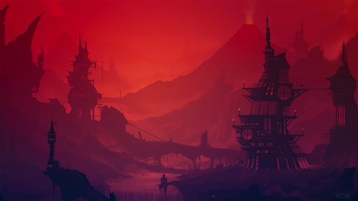 Fantasy landscape with futuristic structures and volcanoes 4K