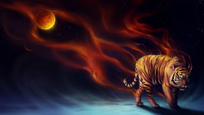 Tiger with magical flames and a fiery planet