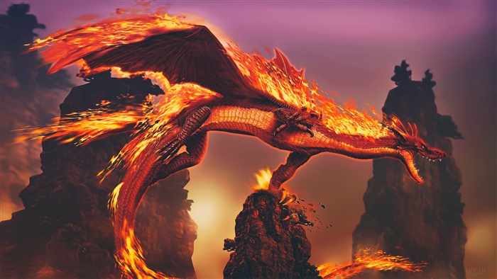 Dragon engulfed in flames flying over rocky outcrops