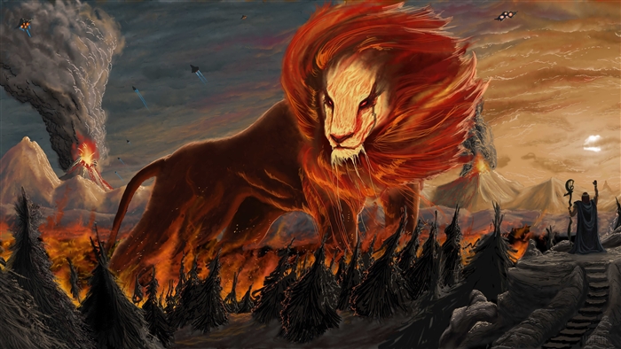Giant fiery lion in a volcanic landscape with spaceships