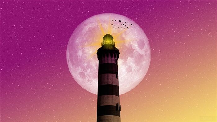 Lighthouse with Moon and Birds 4K