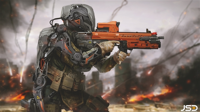 Future Soldier with Orange Rifle 4K
