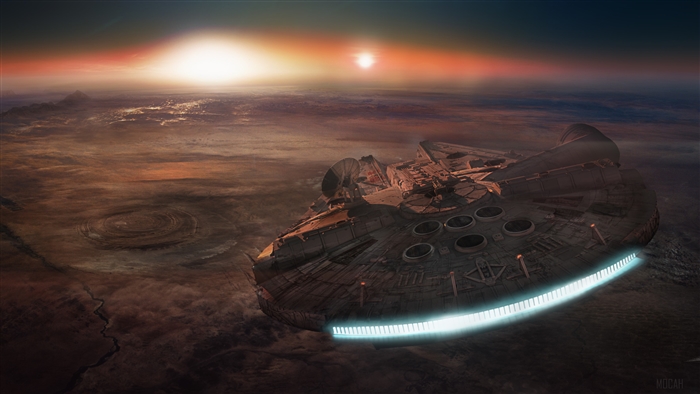 Millennium Falcon flying over a planet at sunset