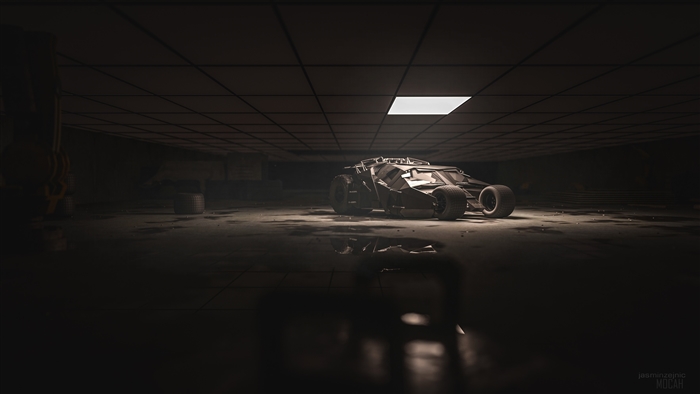 The Batmobile in a dark garage 4K