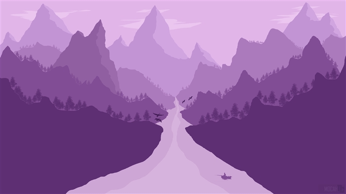Minimalist purple mountain landscape with river and birds