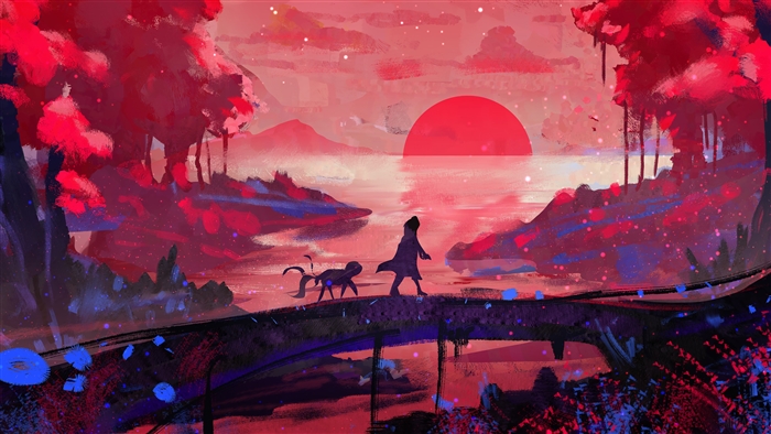 Girl and Creature on Bridge at Sunset