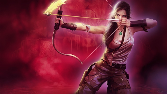 Lara Croft from Tomb Raider with flaming arrow