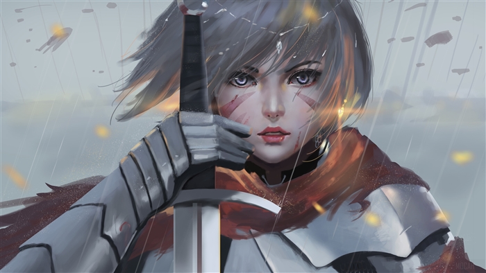 Soldier Woman with Sword in Rain 4K