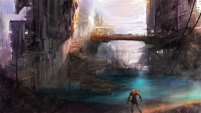 Warrior in a futuristic, industrial fantasy city 4K