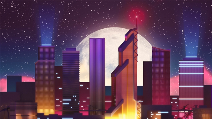 Cityscape with Moon and Stars 4K