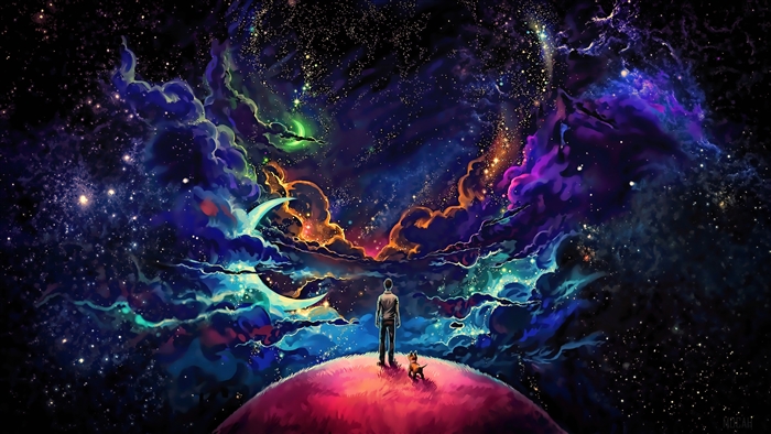 The Little Prince and Dog in a Colorful Galaxy 4K
