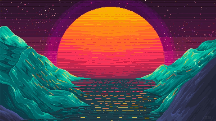 Pixel art valley with large sun and starry sky