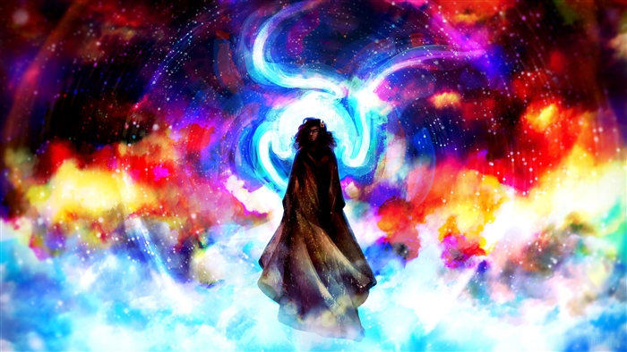 Man in flowing robe amidst colorful cosmic clouds