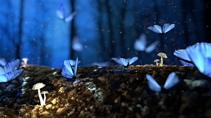 Blue butterflies and glowing mushrooms in a fantasy forest 4K