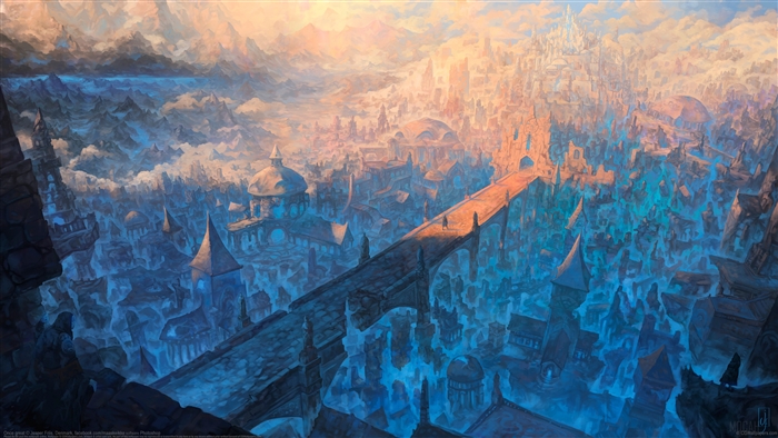 Dreamy Bridge Town Cityscape Artwork