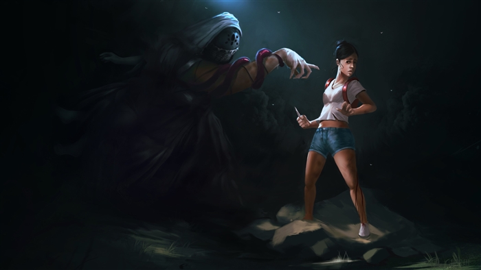 Girl with knife facing a ghost in darkness 4K
