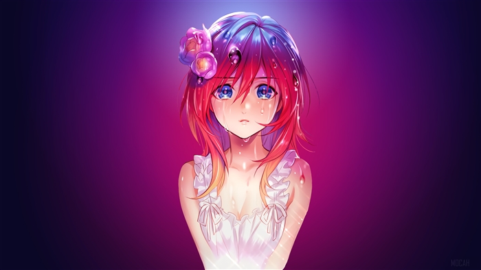 Anime Girl with Water Drops and Flower 4K