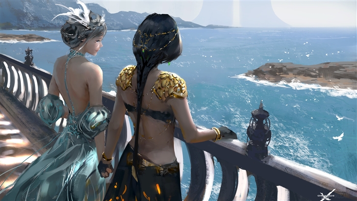 Two women in fantasy attire on a balcony overlooking the sea