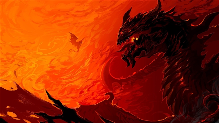 Artwork of a large dragon and a small dragon in fire