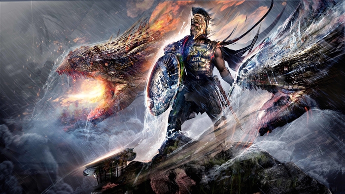 Spartan warrior fighting dragons 4K