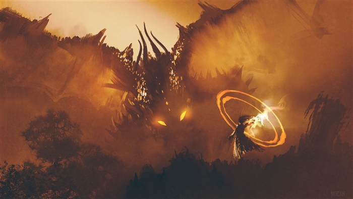 Dragon and wizard in a fiery landscape
