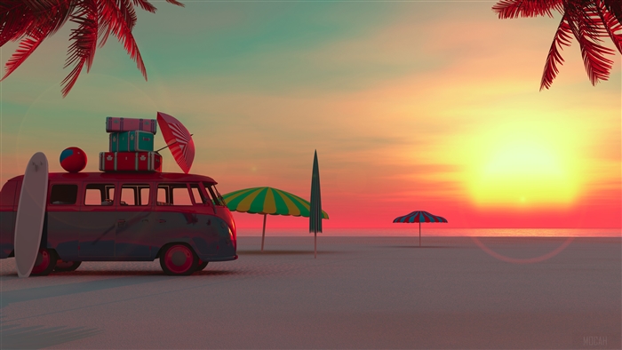 Minimalist 4K Beach Sunset with Picnic Van