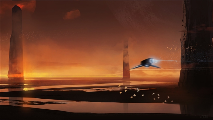 Sci-fi landscape with spacecraft and alien towers