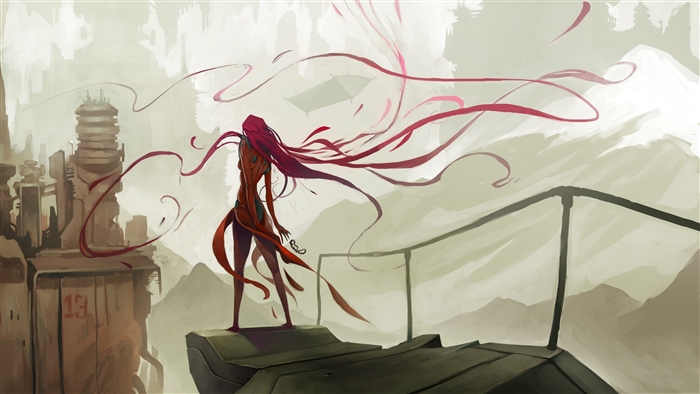 Woman with long red hair in a futuristic city