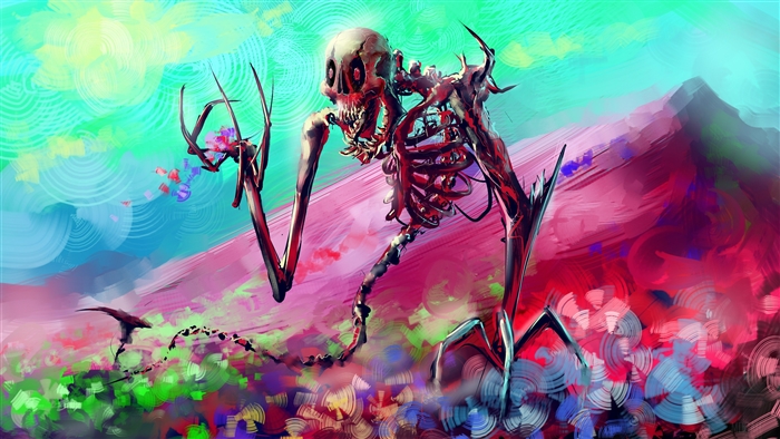 Skeleton creature in colorful landscape 4K
