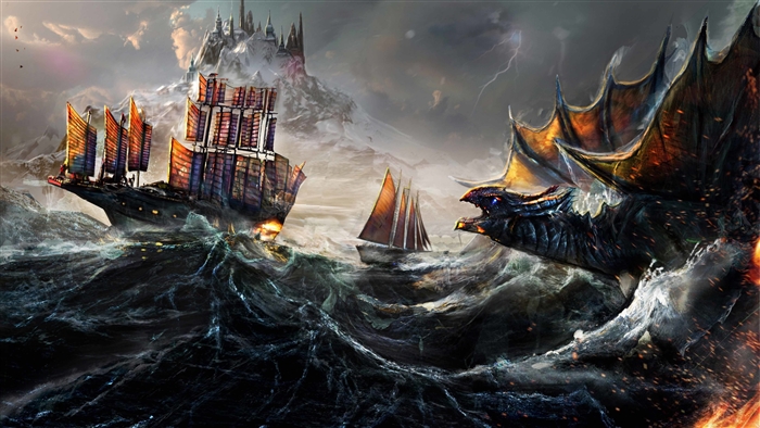 Dragon Attacks Ship in Stormy Ocean 4K