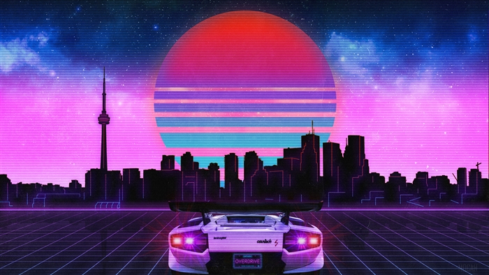 Retro Wave Lamborghini Overdrive Neon City 4K