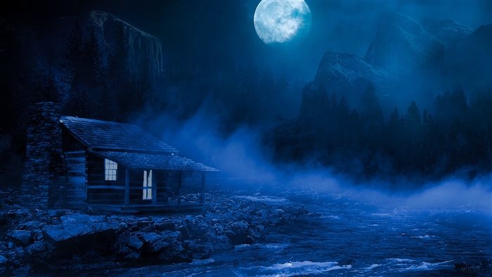 Cabin by a river under a full moon